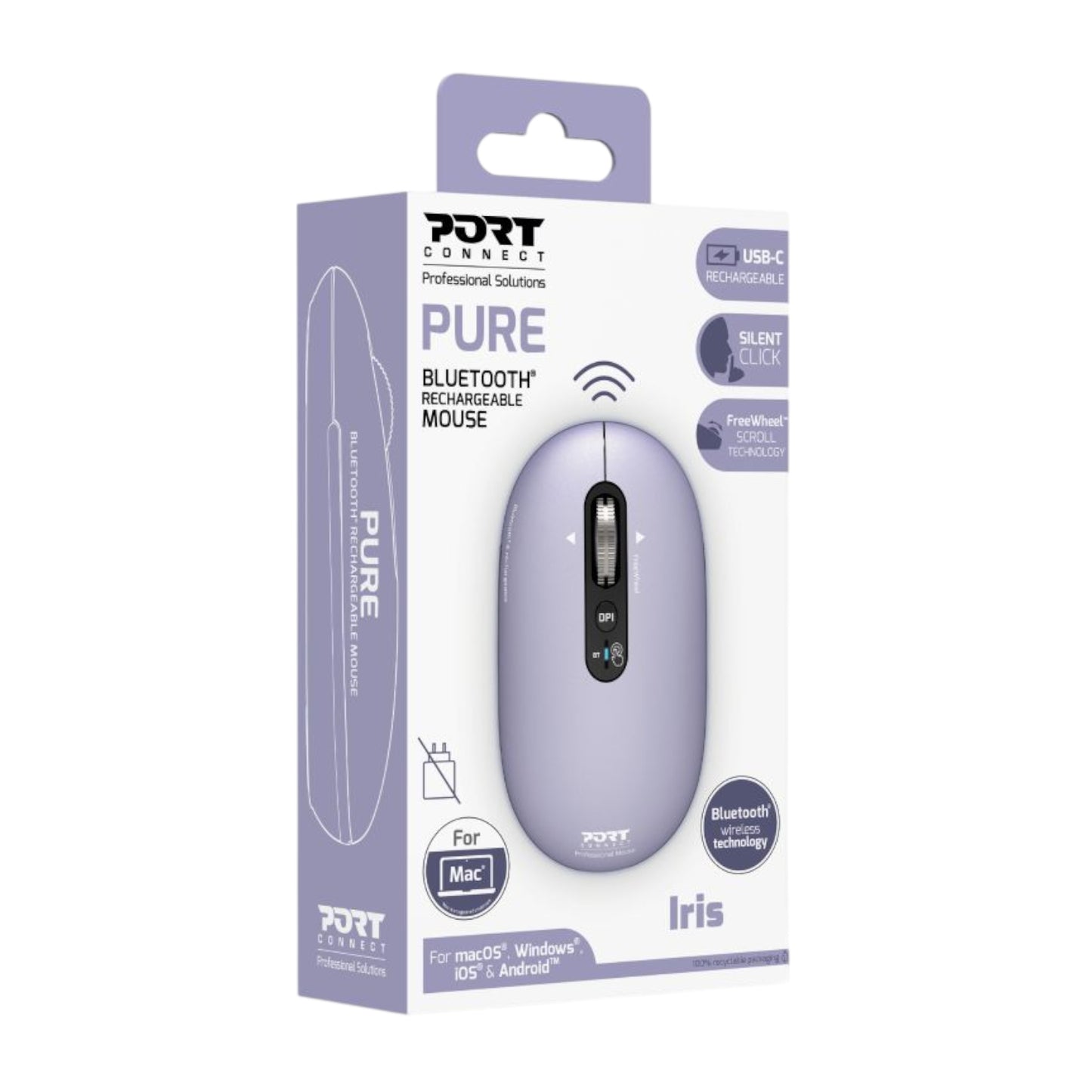 Port Connect PURE MAC Rechargeable Wireless and Bluetooth Mouse - Iris