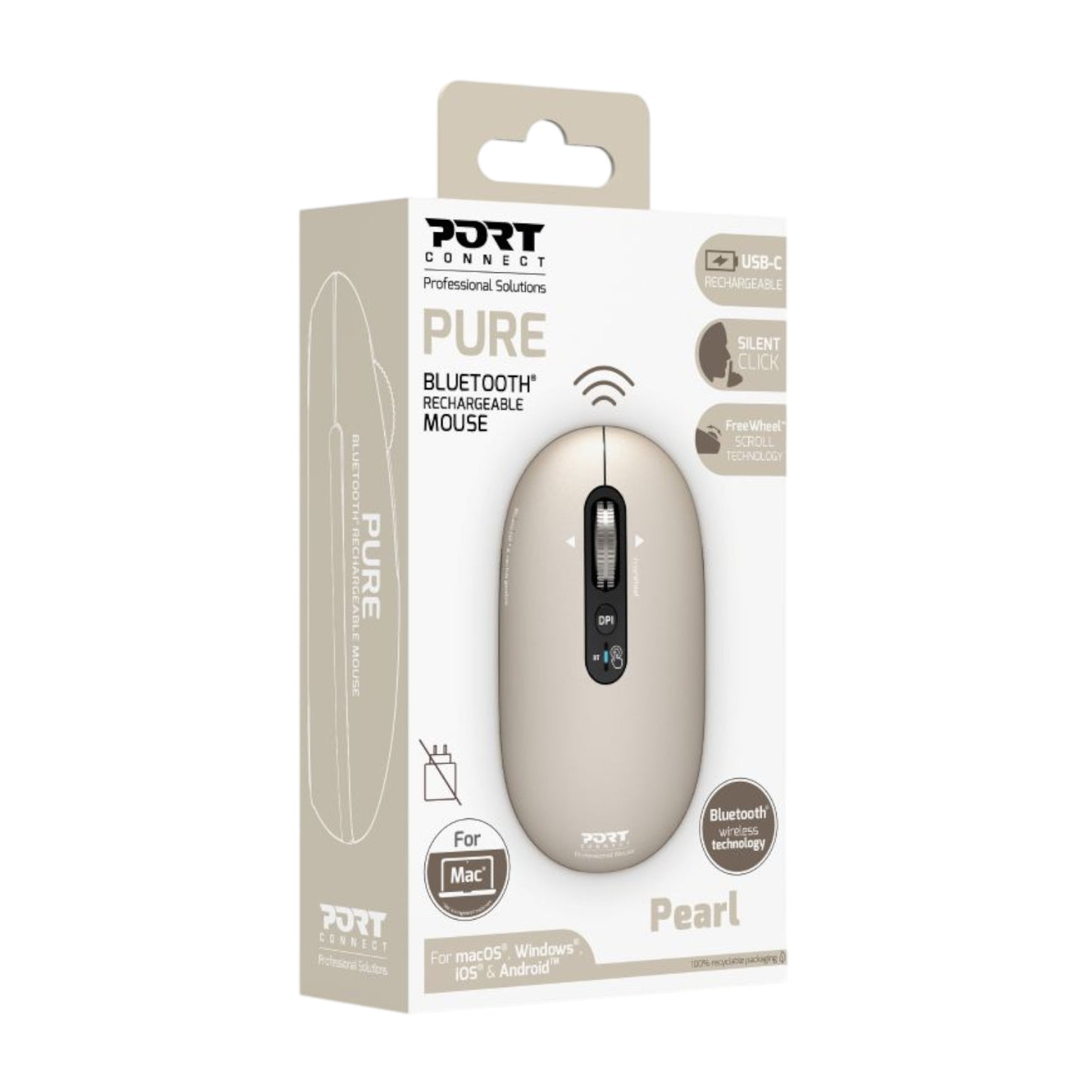 Port Connect PURE MAC Rechargeable Wireless and Bluetooth Mouse - Pearl