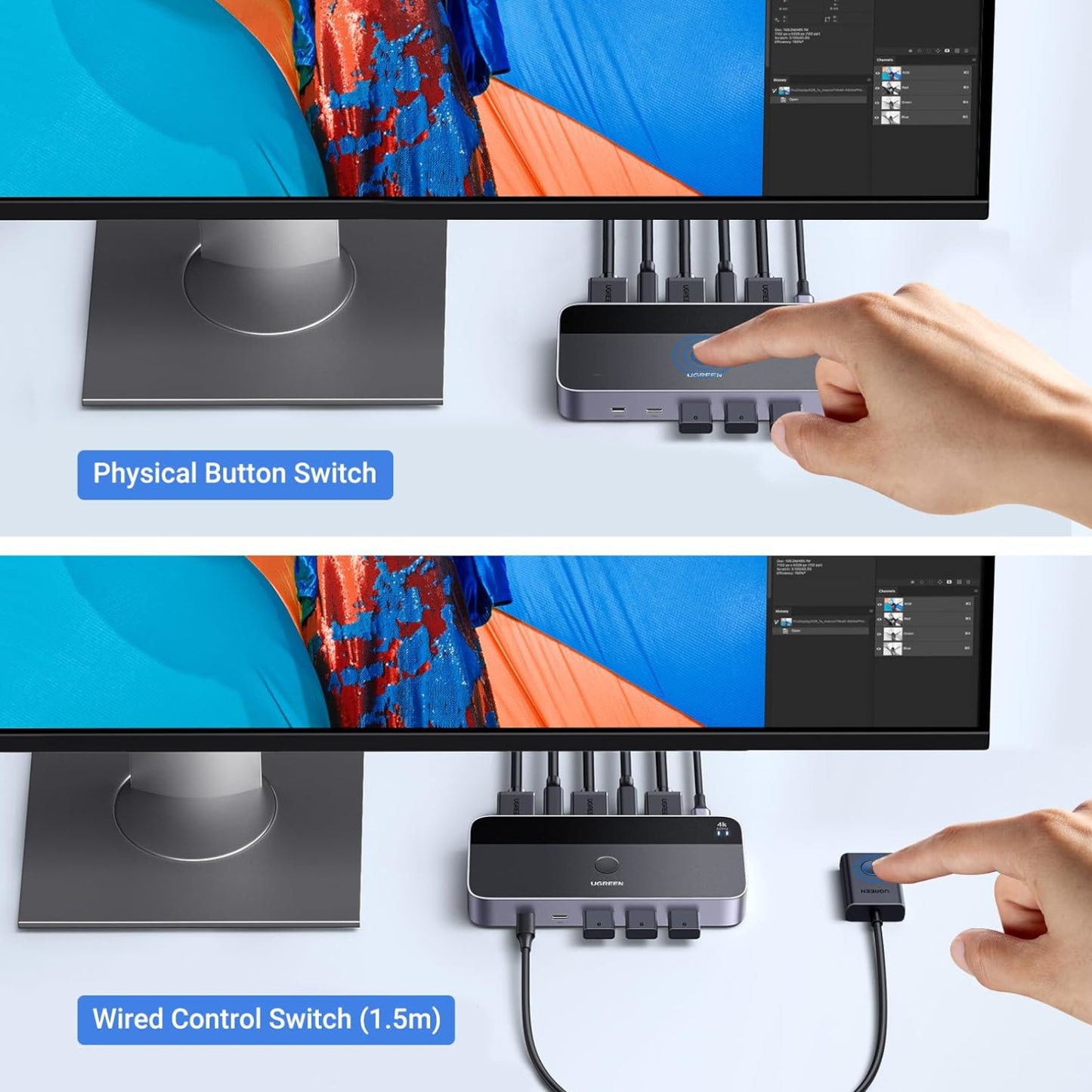 UGREEN 4K@60Hz HDMI KVM Switch (2 In 1 Out)-Grey
