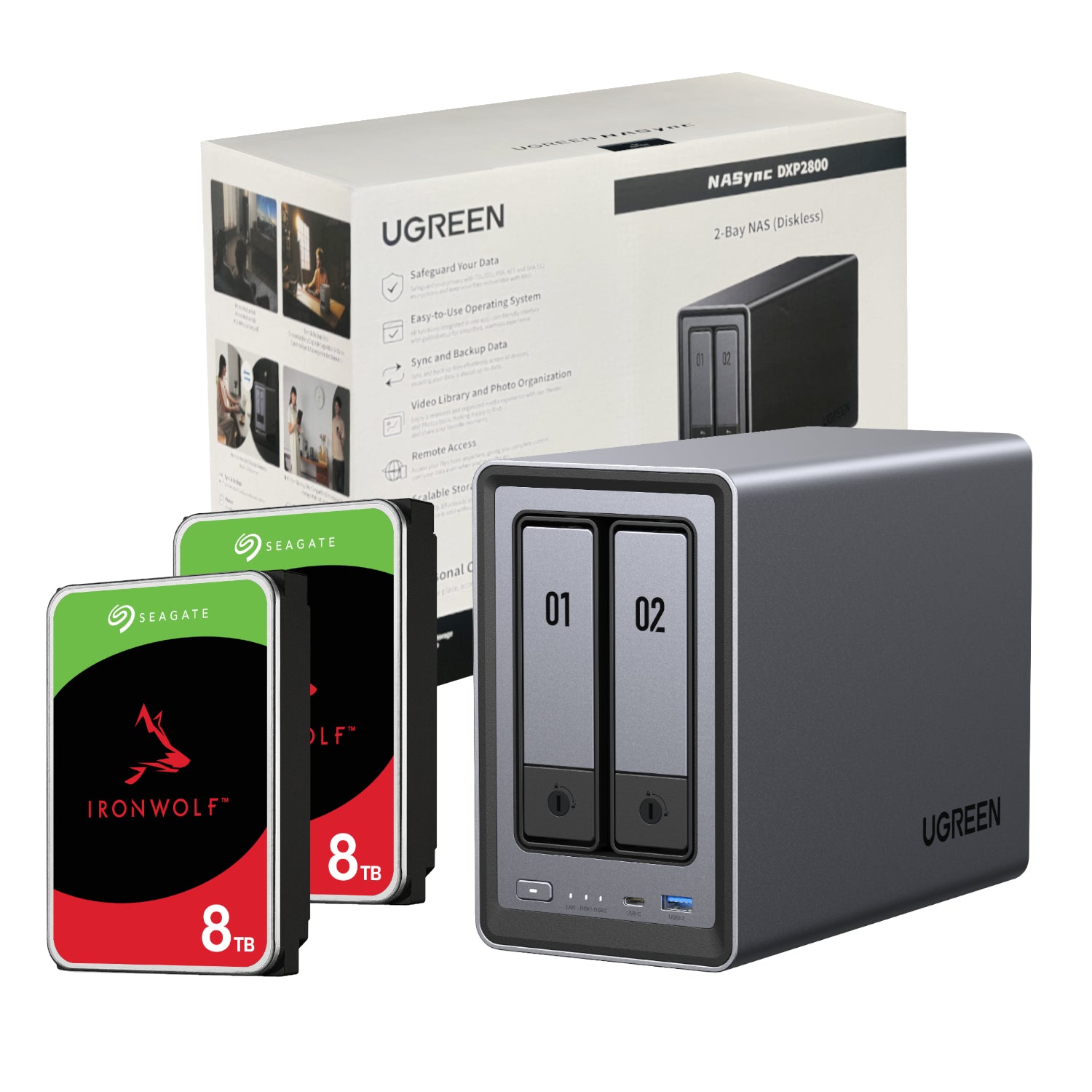 UGreen NASync DXP2800 2 Bay NAS with Seagate Ironwolf NAS 16TB SATA Hard Drive Bundle (2x 8TB)