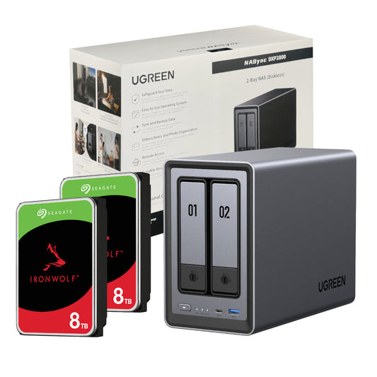 UGreen NASync DXP2800 2 Bay NAS with Seagate Ironwolf NAS 16TB SATA Hard Drive Bundle (2x 8TB)