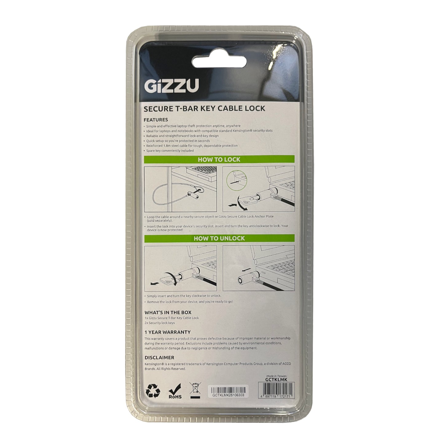 GIZZU 1.8m T-Bar Laptop Cable Lock Master Key Compatible