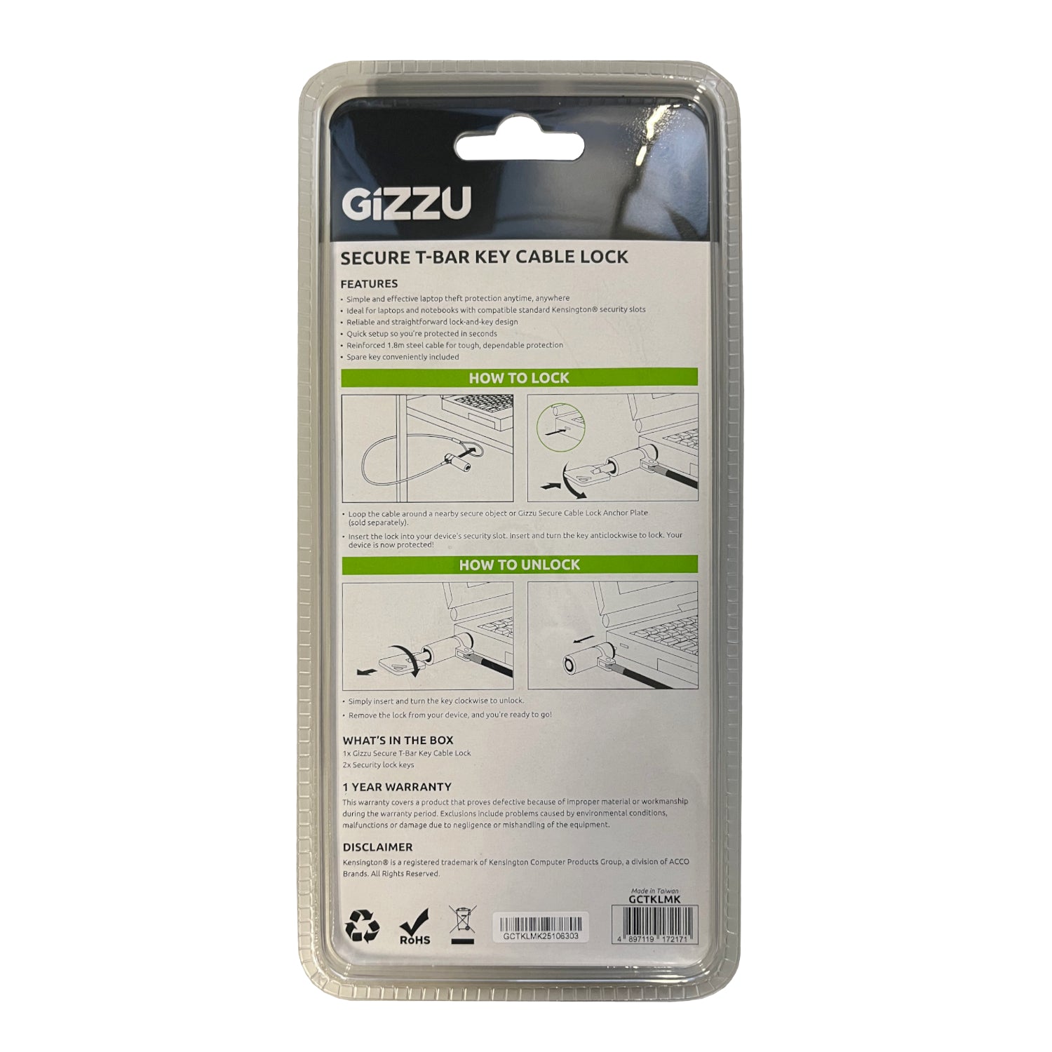 GIZZU 1.8m T-Bar Laptop Cable Lock Master Key Compatible