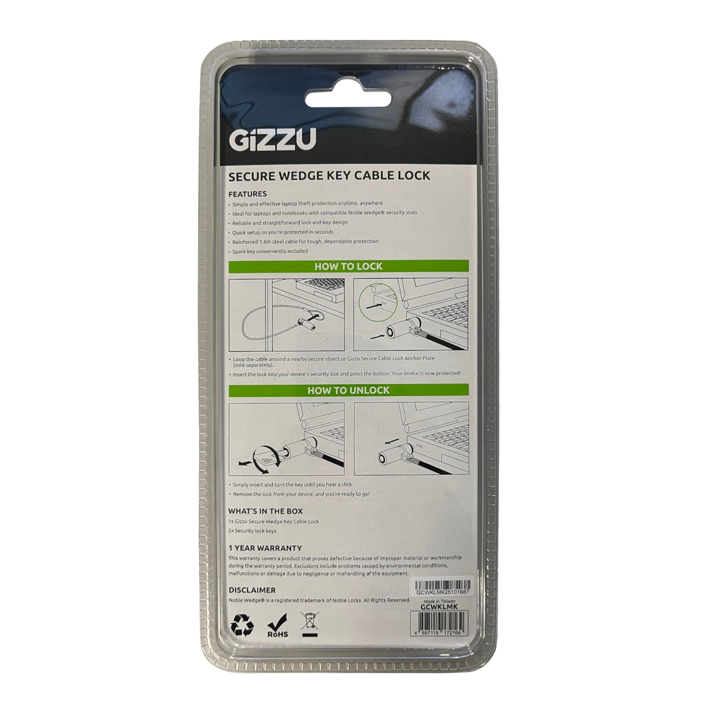GIZZU 1.8m Wedge Cable Lock