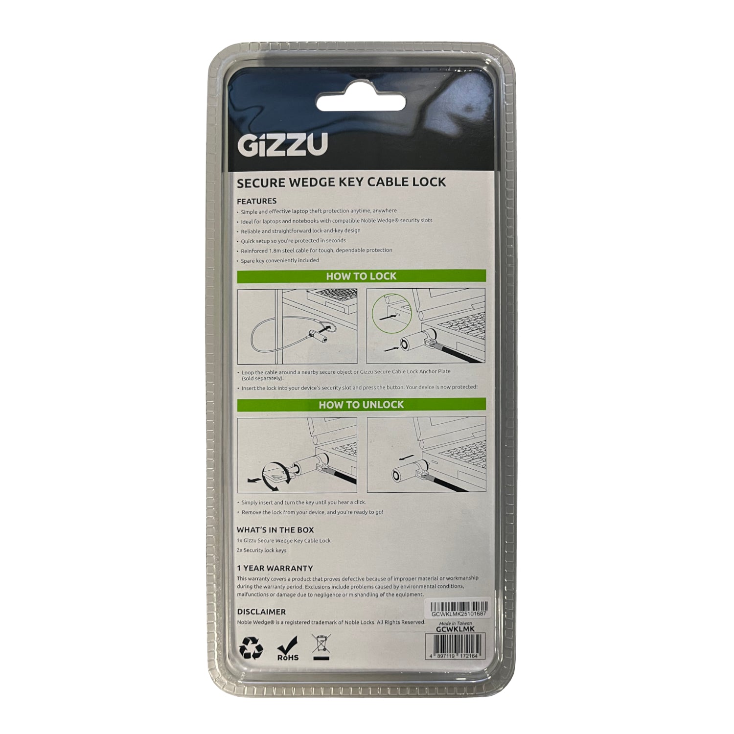 GIZZU 1.8m Wedge Cable Lock