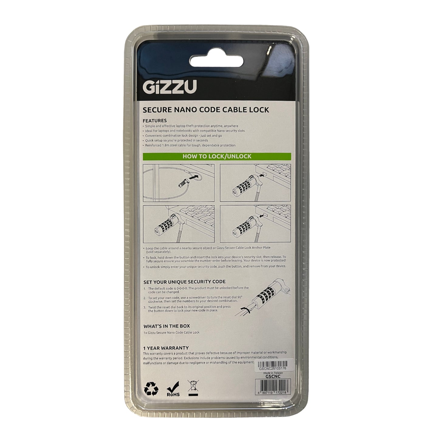 GIZZU 1.8m Nano Combination Lock Security Cable