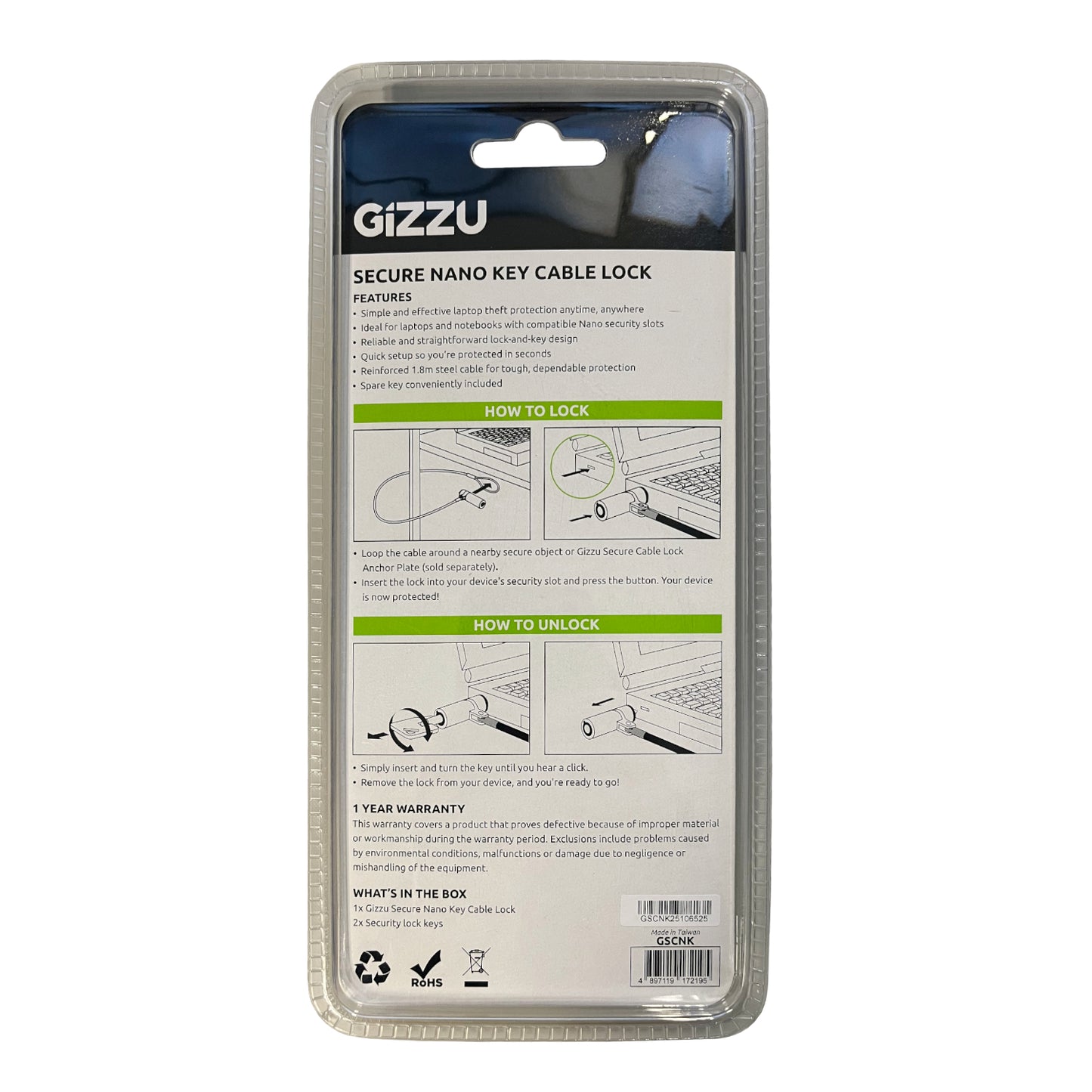 GIZZU 1.8m Nano Key Lock Security Cable with Key