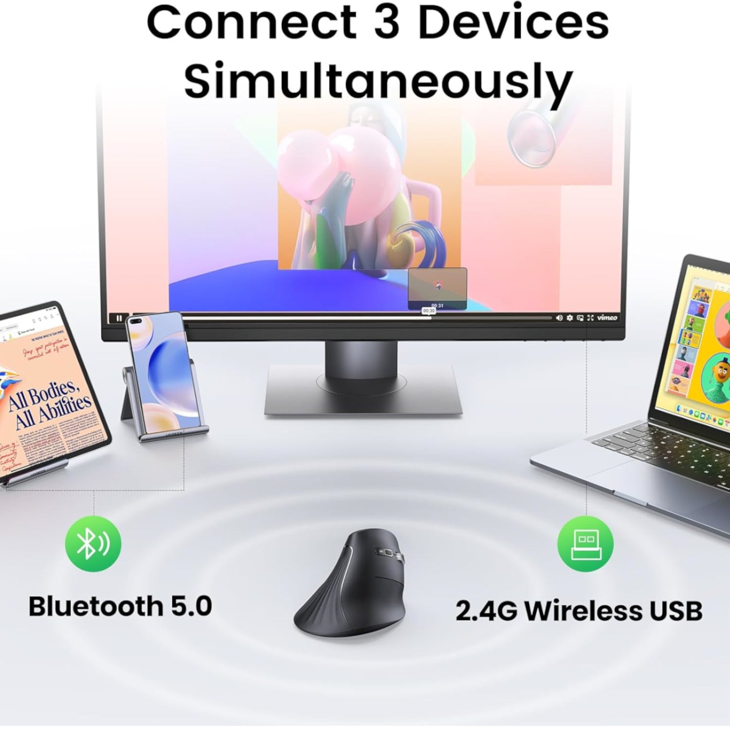 UGREEN Multi-Mode Vertical Mouse Bluetooth and 2.4G Wireless–Black