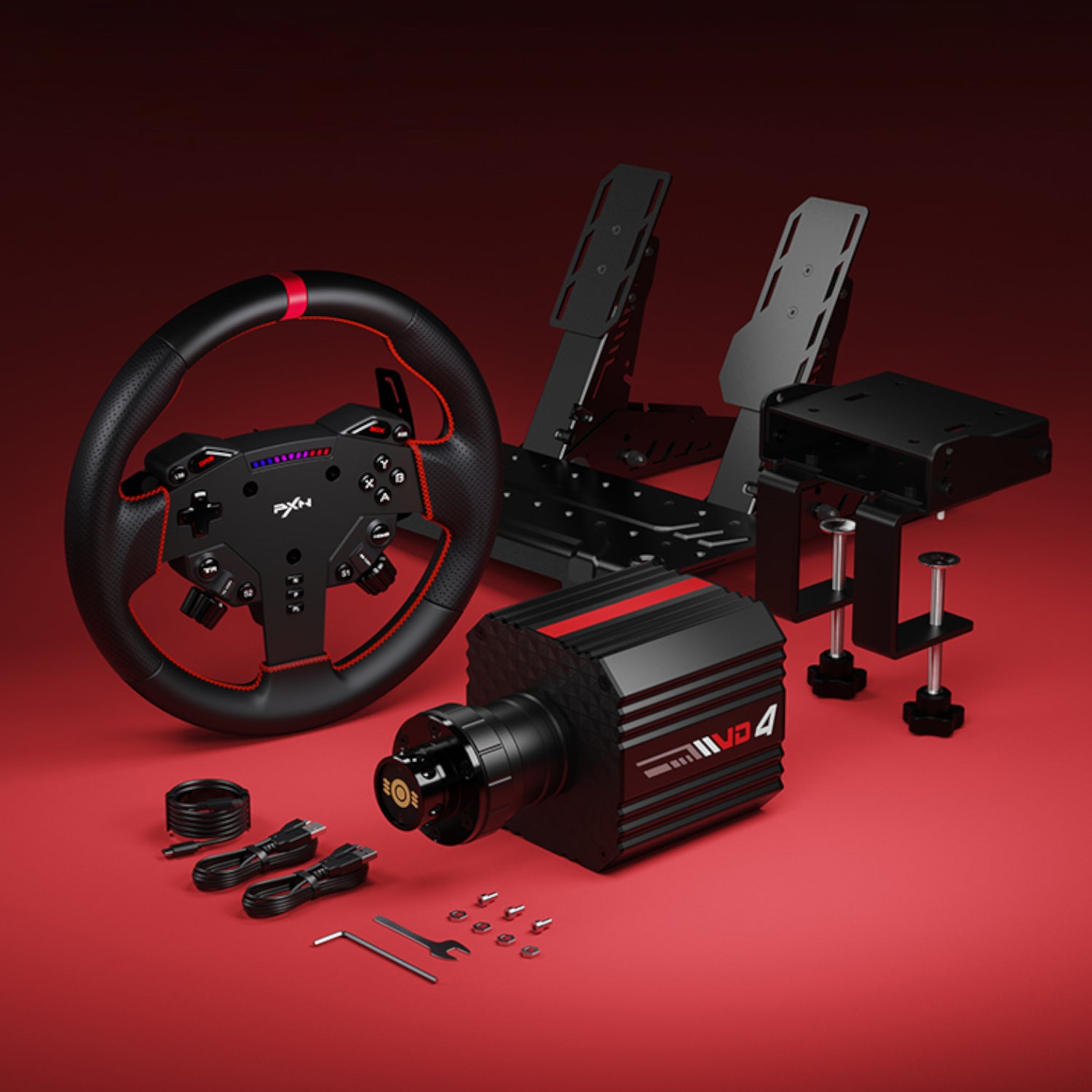PXN VD4 Direct Drive Sim Racing Wheel – PD-HM Dual Pedal – Z8 Clamp Bundle