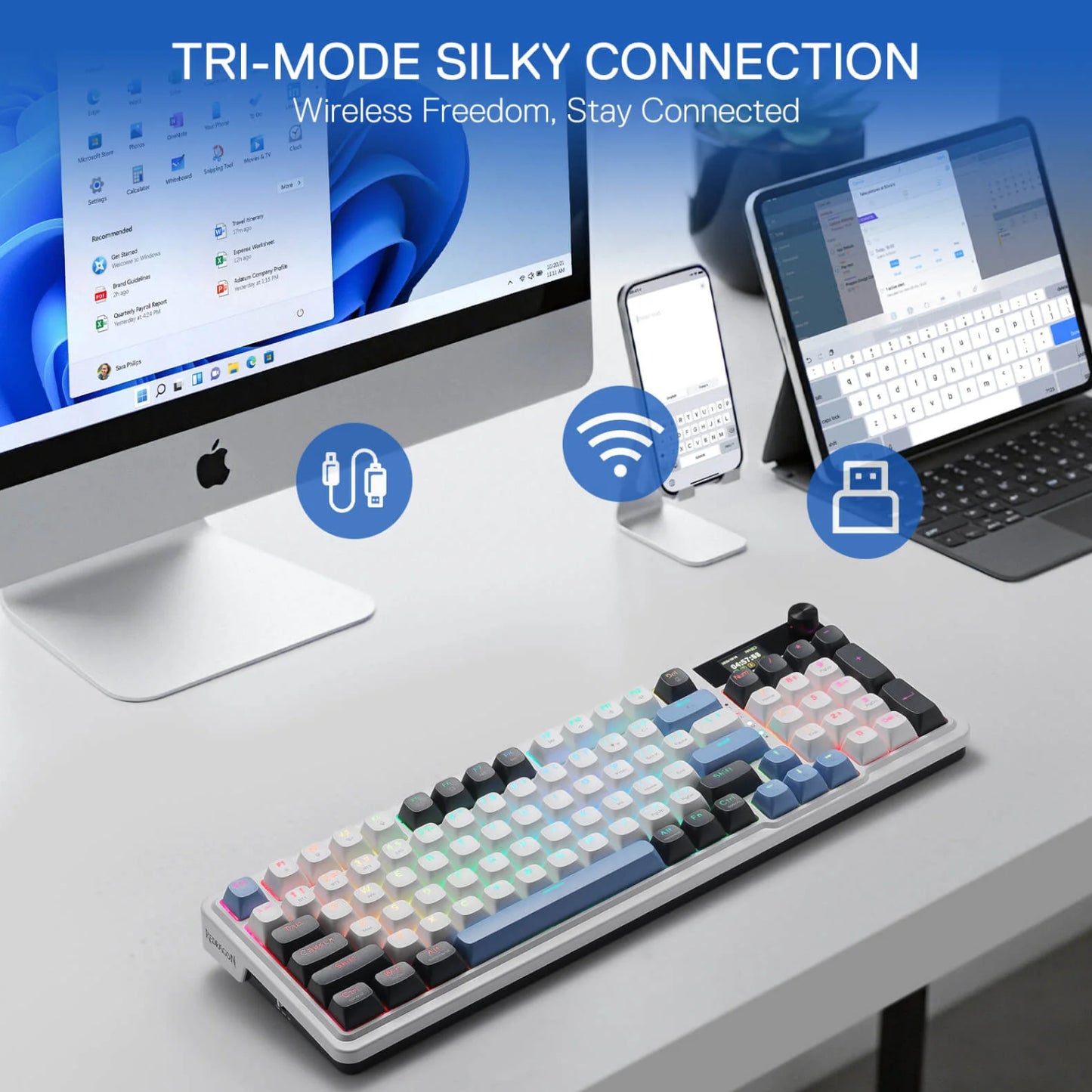 Redragon K719WGB GALATIN RGB PRO Full sized Wireless Gaming Keyboard - White