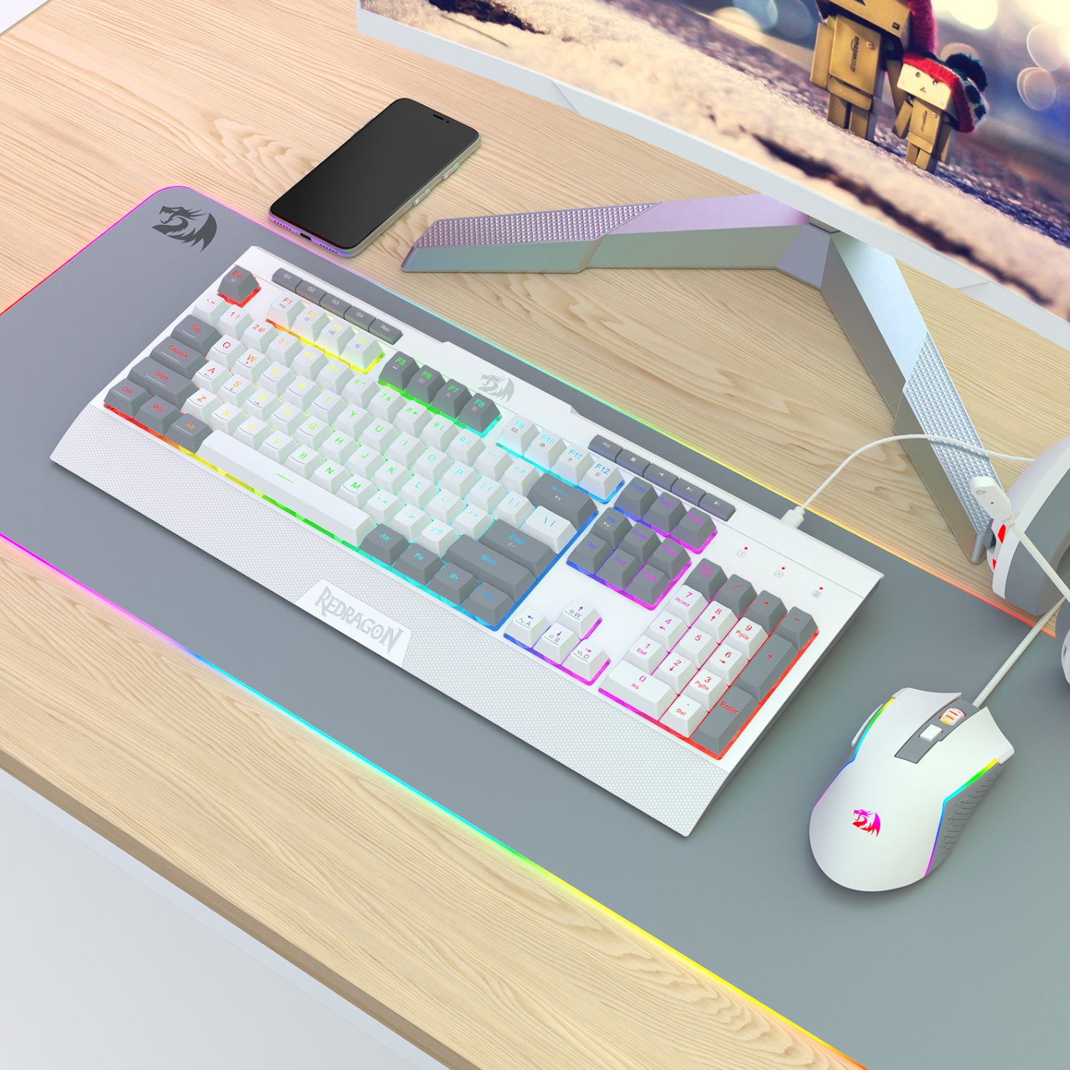 Redragon S151 Wired RGB Gaming Keyboard and Mouse Combo - White and Grey