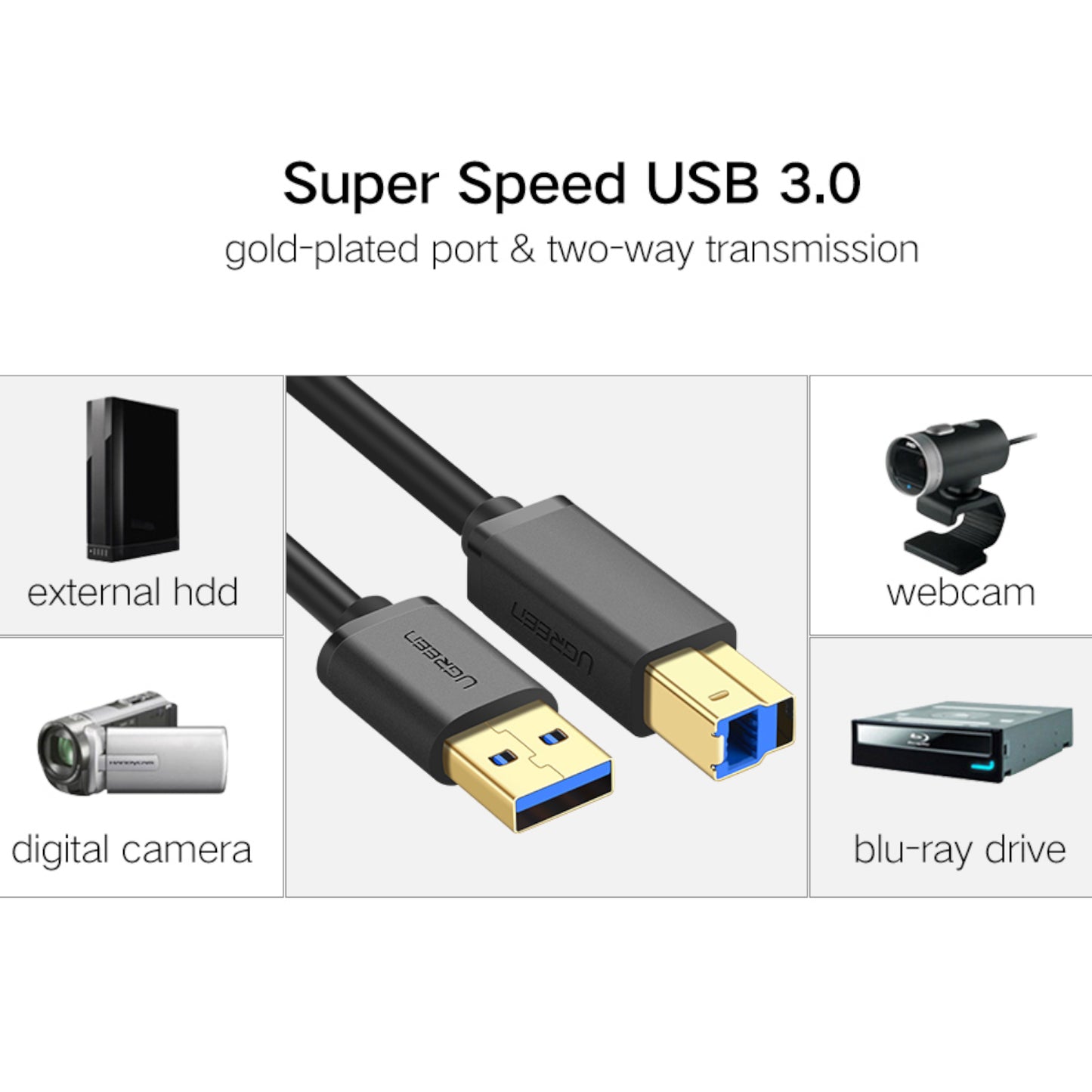 UGREEN US210 USB-A Printer Cable 2M - Black